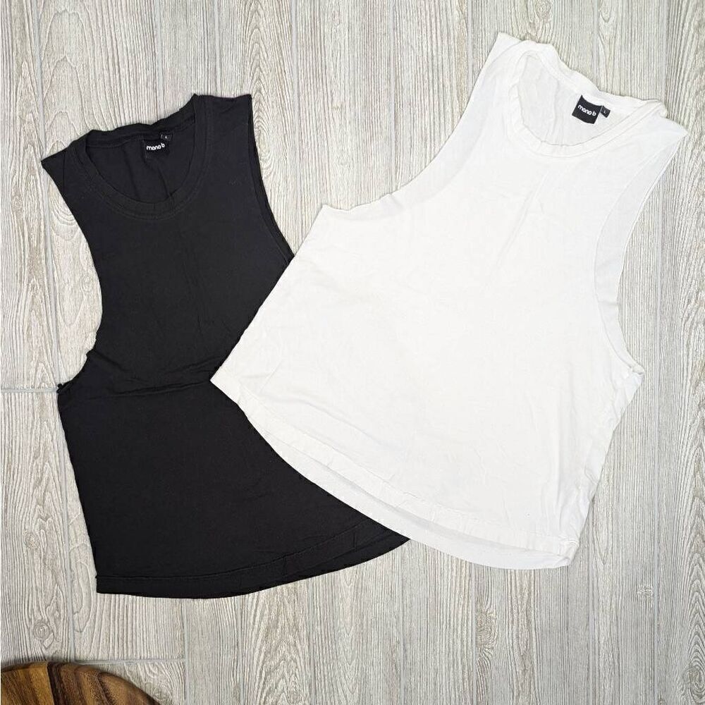 Lot of 2 Mono B Women’s Large Black White Tank Top Shirts Athletic